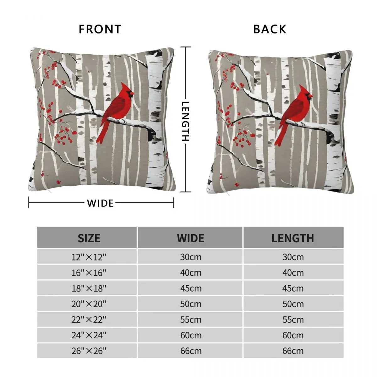Winter Birch Tree Red Cardinal Pillowcase Polyester Linen Velvet Pattern Zip Decorative Car Cushion Cover