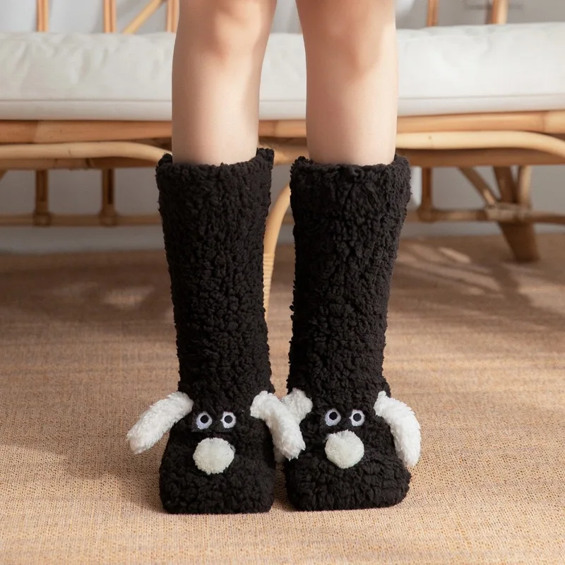 Two cute coral-fiber plush dog indoor socks, thick coral-colored fleece with anti-slip properties, no shedding, machine washable