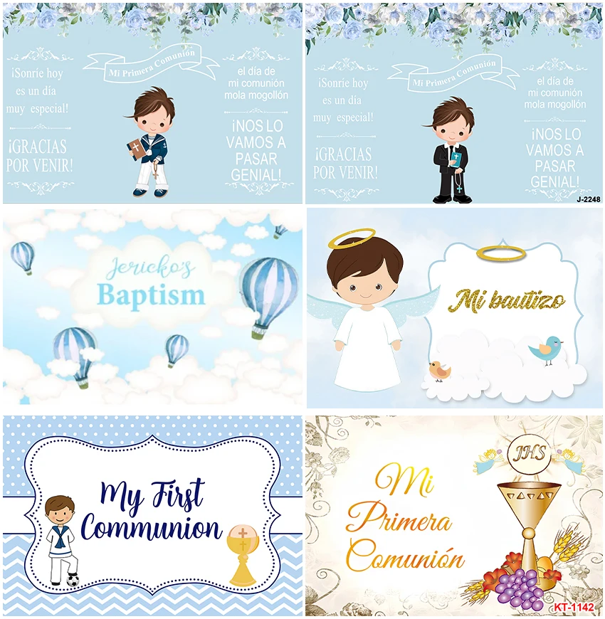 Boys First Communion Backdrops Blue Baptism Flower Backgrounds Photographic God Bless Studio Photo Booth Baby Shower Banner