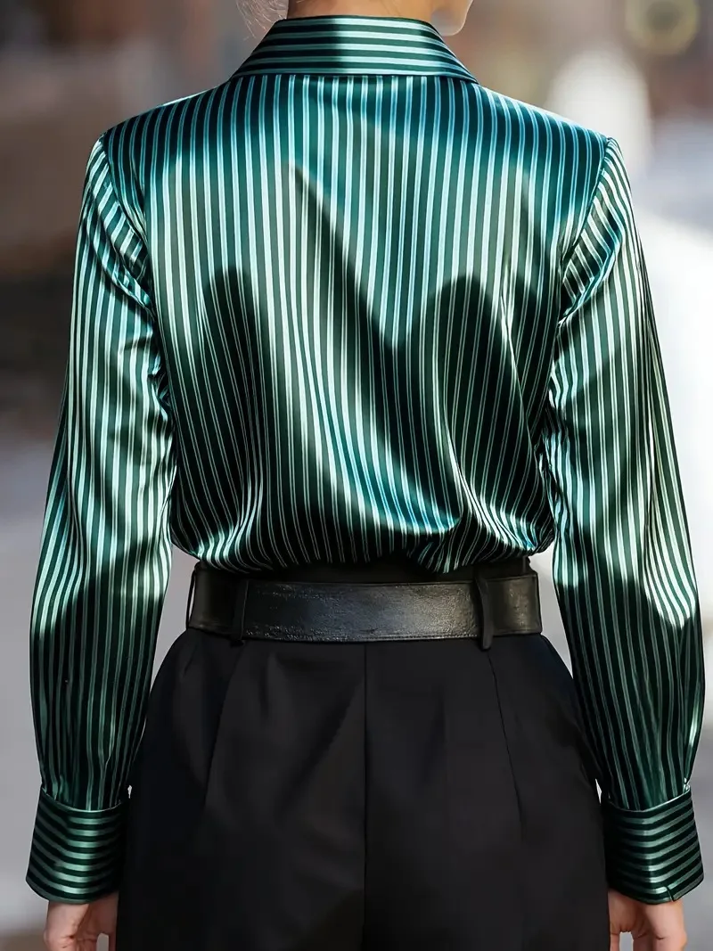 Casual Shirt Striped Autumn Winter Loose Temperament Elegant Commuter Style Clothing Long-sleeved Lapel Single-breasted Tops