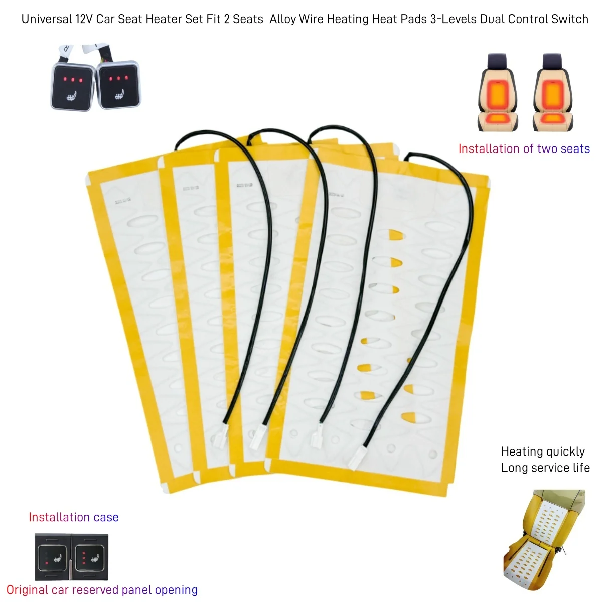 

Universal 12V Built-in Car Seat Heater Set Fit 2 Seats With 25W Alloy Wire Heating Heat Pads 3-Levels Square Dual Control Switch