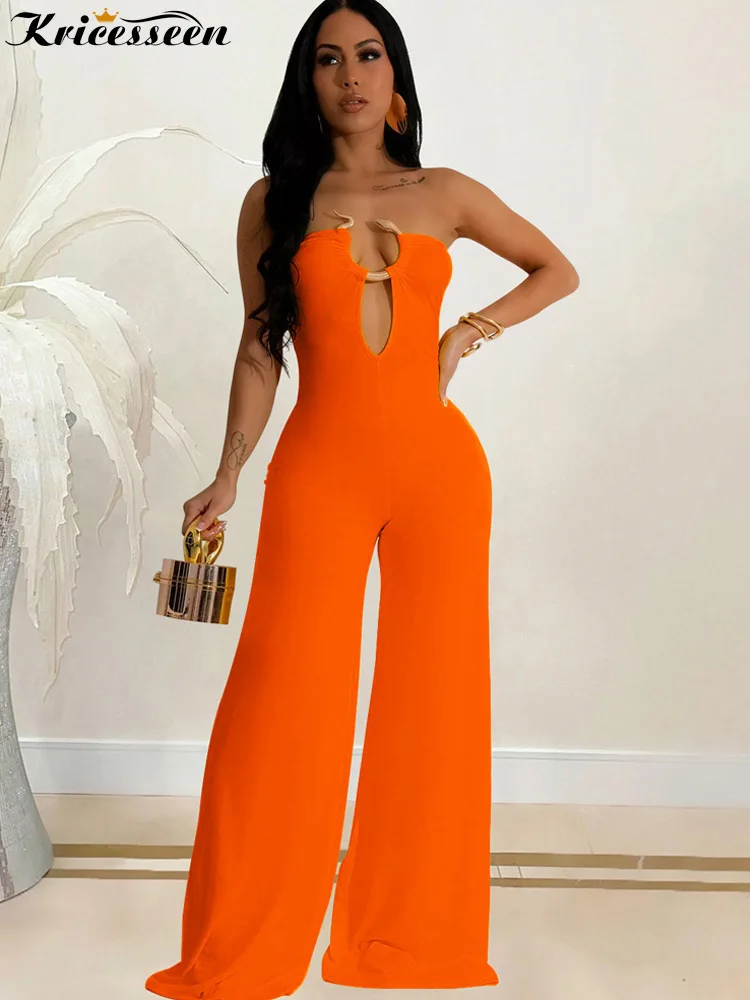 Kricesseen Solid Hollow Out Patchwork Strapless Wide Legs Jumpsuits Snake Metal One Piece Outfits Rompers Night Club Overalls