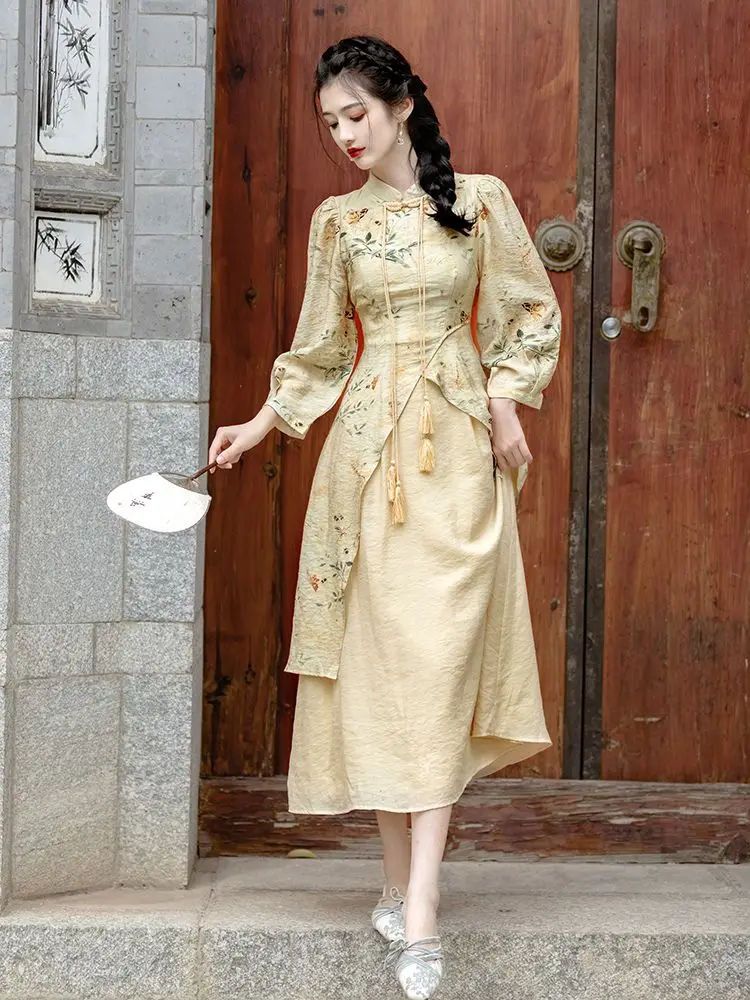 New Spring Long Sleeved New Chinese Style Dress Women\'s Button Young Qipao Dress Chinese Style Long Sleeved Elegant Dress
