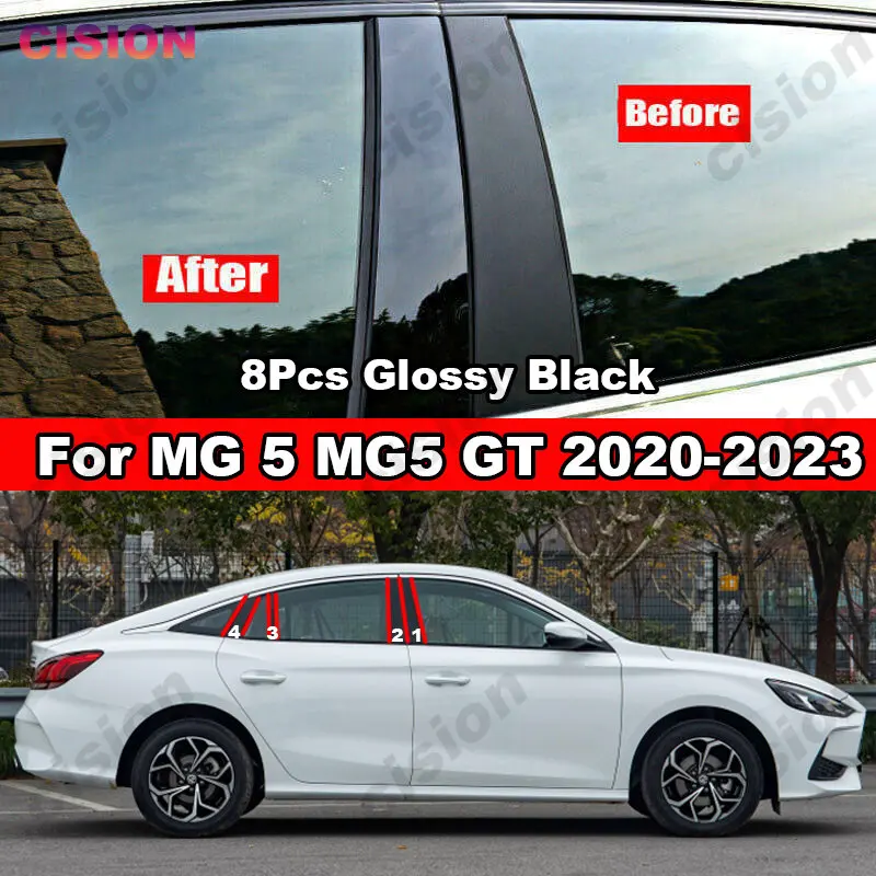 8Pcs Glossy Black Mirror Effect Window Door Column B C Pillars Post Cover Trim For MG 5 MG5 GT 2020-2023 Carbon Fiber PC Sticker