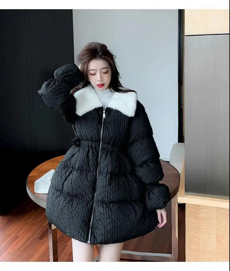 Korean Sweet Mid-Length Padded Coat for Women Winter Doll Collar Waist-Cinching Puffer Parkas Woman A Line Fluffy Quilted Jacket