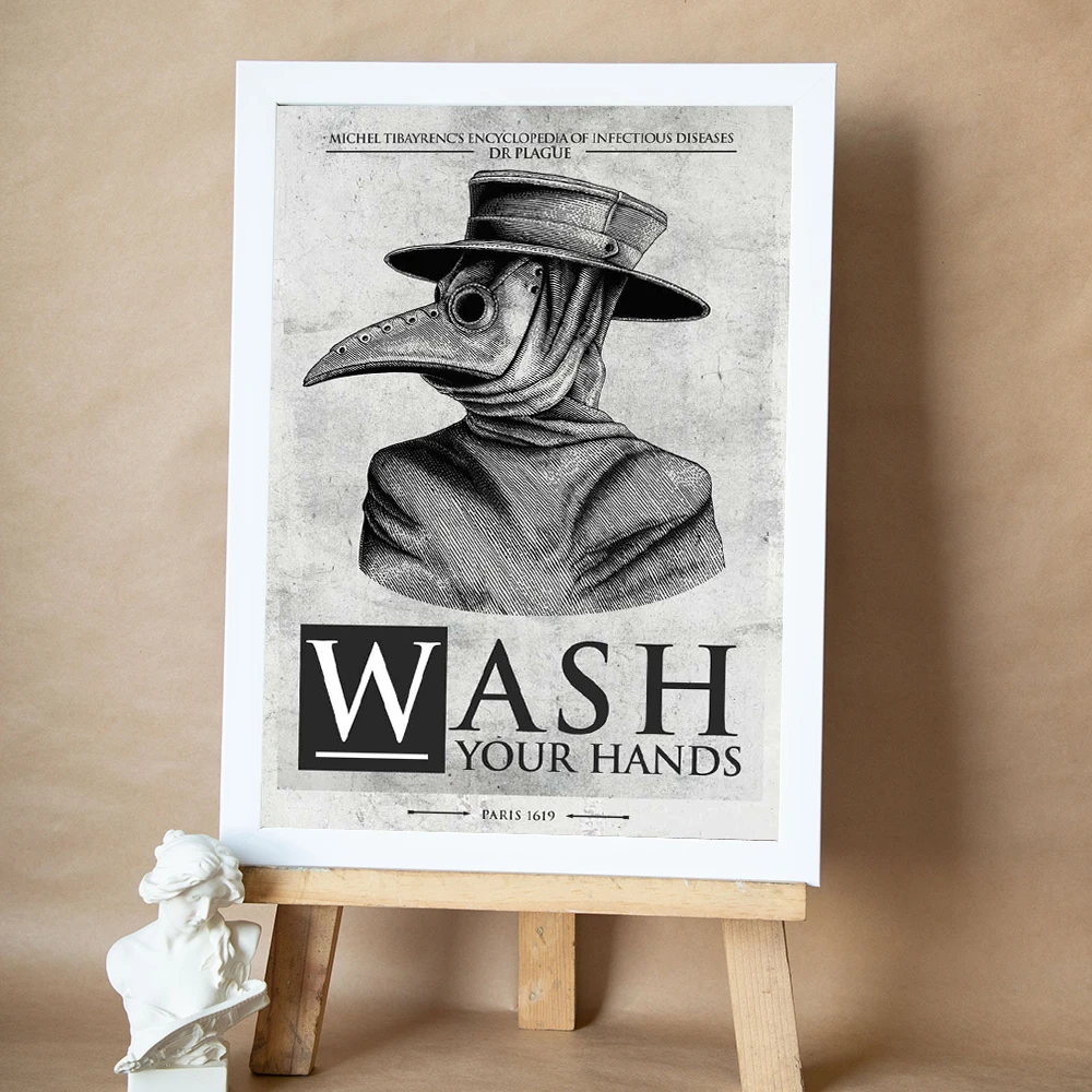 Vintage Poster Plague Doctor Wash Your Hand Sign Retro Punk Magic Wall Art Bathroom Canvas Painting Print Halloween Office Decor