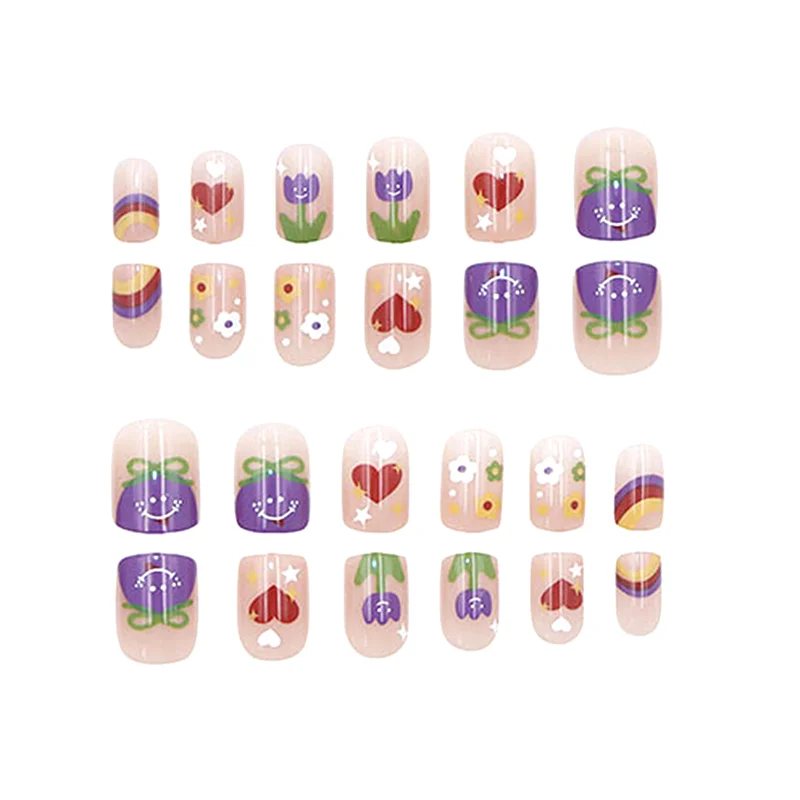 24 шт., летние накладные ногти с фиолетовым цветком и короткой квадратной головкой, съемные готовые накладные ногти, накладные ногти с клеем