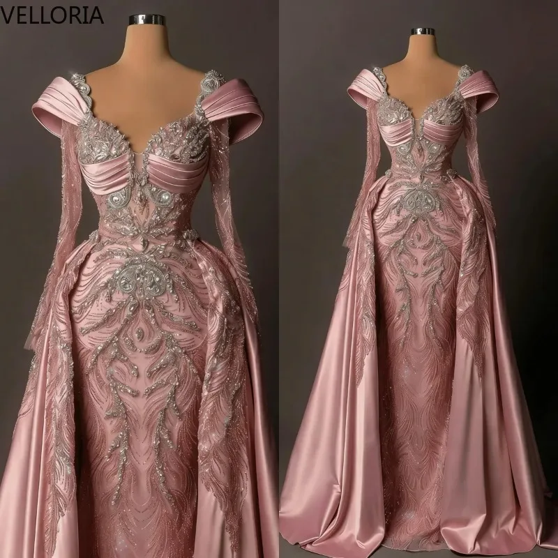 

Sequins Mermaid Prom Gowns V Neck Long Sleeve Floor Length Evening Dresses Crystals Beaded Birthday Party Dress Customized