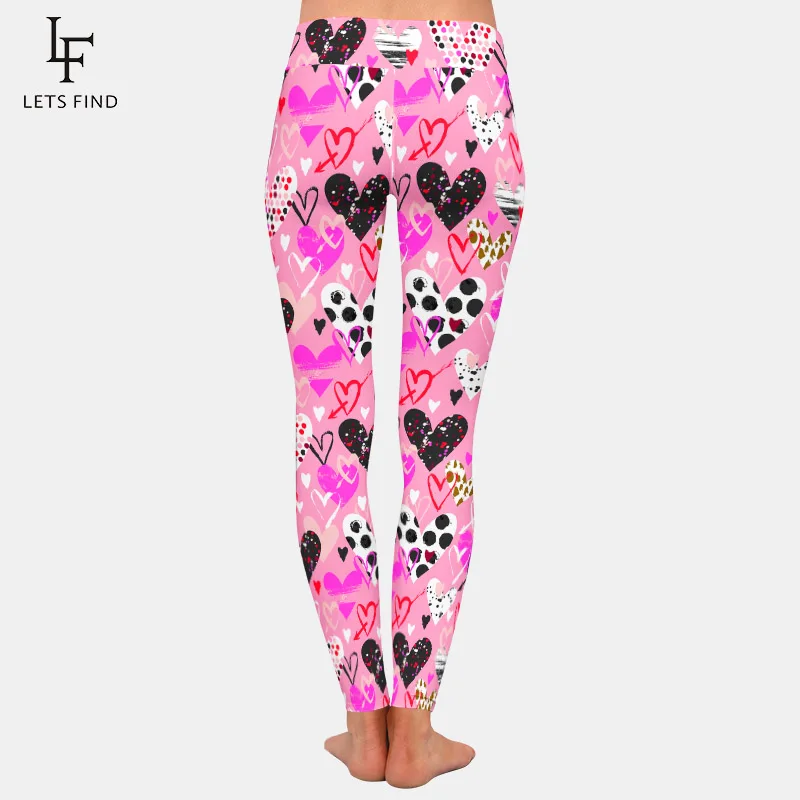 LETSFIND Fashion Valentine Day Hand Drawn Hearts Print Women Pants High Waist  Soft Fitness Elastic Full Leggings