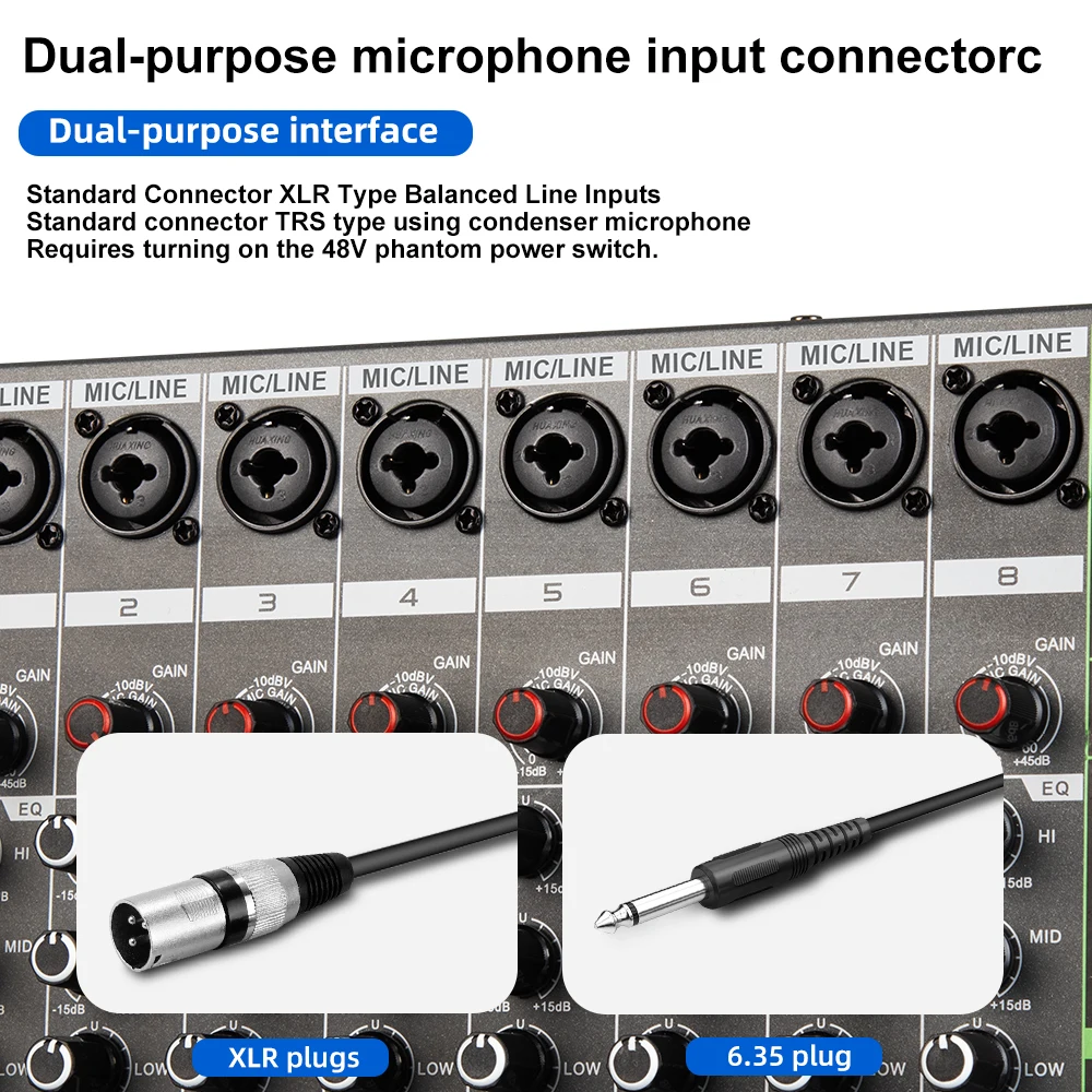 Professioneller Audio-Mixer Depusheng MG8 8-Kanal-Soundboard-Konsole DJ-Mischpult-System-Interface mit eingebautem 256-Reverb-Effekt – Detail 9