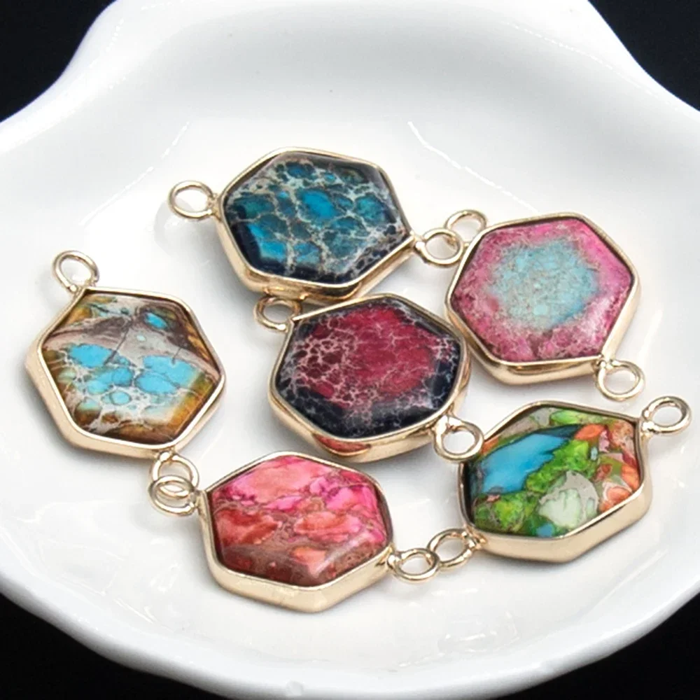 1PC 16x20mm Naural Gemstone Imperial Jasper Connector Handmade Hexagonal Gold Edging DIY for Making Necklace Bracelet Earrings