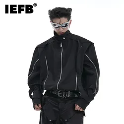 IEFB Niche Style Men's Shirts Metal Zipper Patchwork Design Shoulder Padded Coats Standing Collar Solid Color Male Tops 24E1533