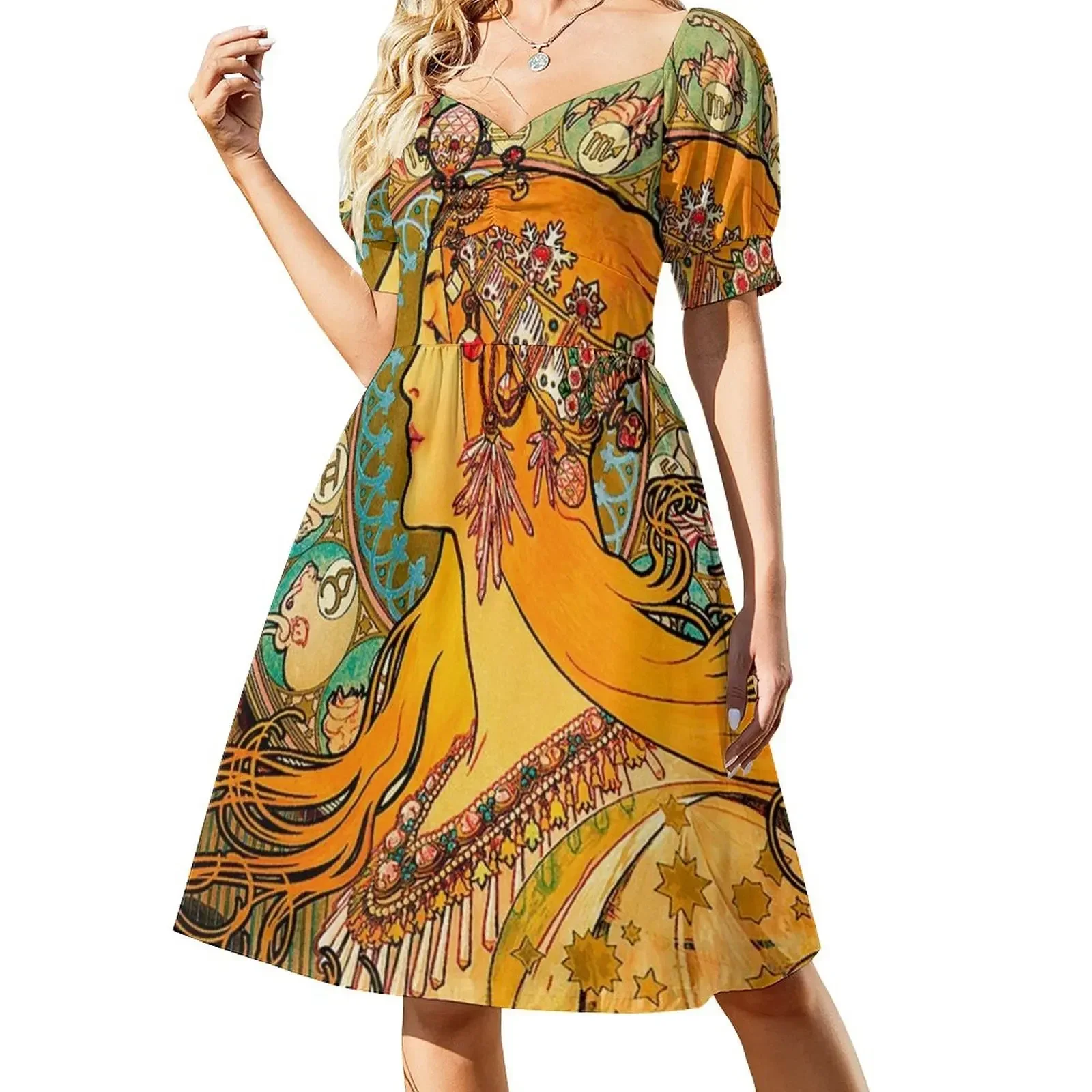 

HD Zodiac, (1896) - Alphonse Mucha Short-Sleeved Dress summer clothes for women african dresses for woman Dress