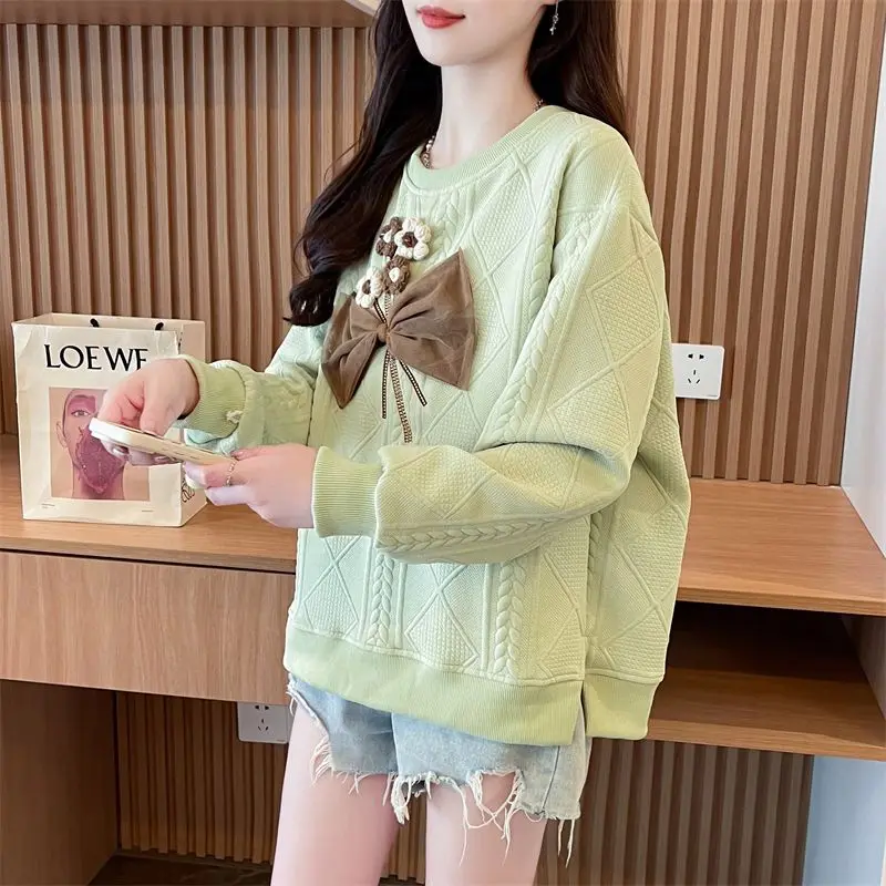 Women's New Hoodie Oversized Loose Design Versatile Round Neck Pullover Jacquard Top