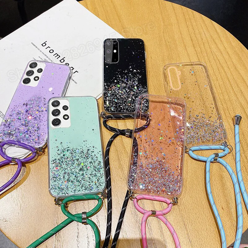 Crossbody With Lanyard Clear Glitter Epoxy Phone Case For Samsung Galaxy S24 S23 S22 S21 A53 A52 A32 Soft Cover