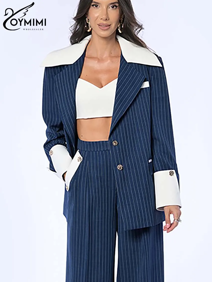 Oymimi Casual Blue Print Women's Two Pieces Set Fashion Long Sleeve Patchwork Button Blazers And Straight Pockets Trousers Sets