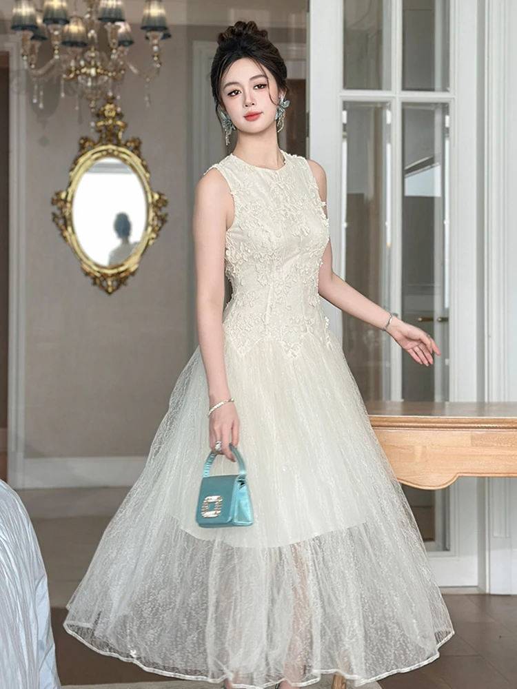 Elegante Zoete Tule Jurk Vrouwen Sexy Sheer Mesh Splice Vest Swing Gewaad Vrouwelijke Avondfeest Vestidos Prachtige Baljurk mujer