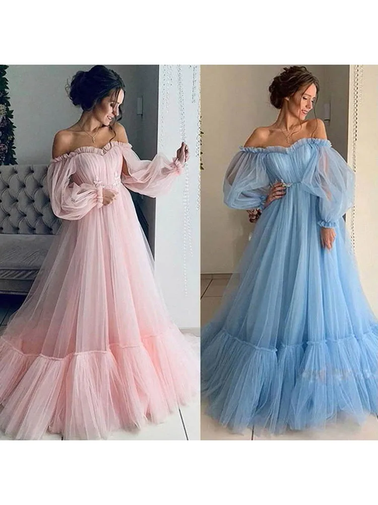 Vestidos de Fiesta rosa para mujer, vestido Formal de tul con un hombro al aire, mangas abullonadas, azul claro, longitud hasta el suelo