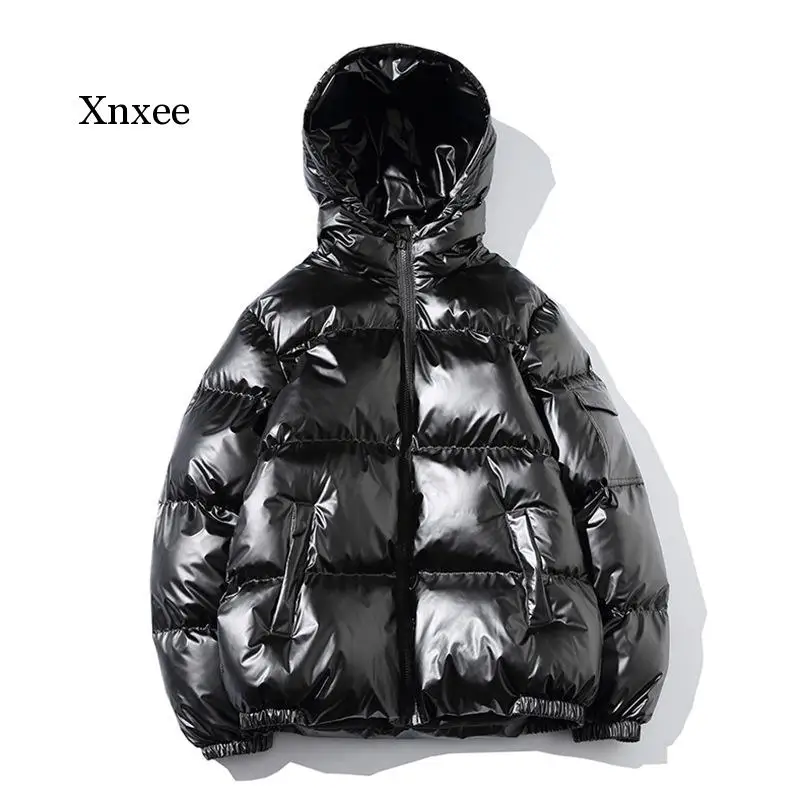 Men and Women Unisex Glossy Down Jacket Winter Glossy Silver/black/gold/blue Hooded Parka Outwear Down Padded Coats Female