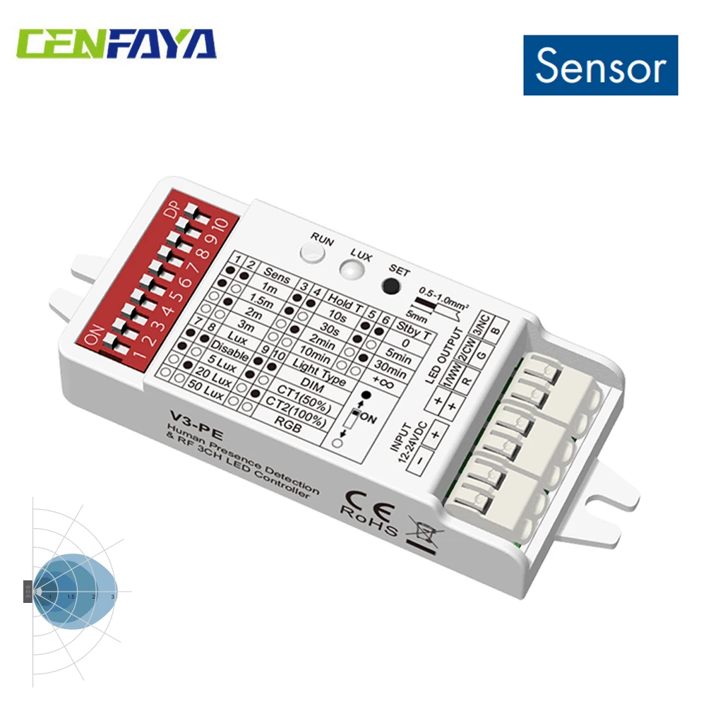 CENFAYA Microwave Human Presence Sensor RF Dimming LED Controller 3CH*2A  DC 12V 24V Dimmer for Single Color CCT RGB LED Strip