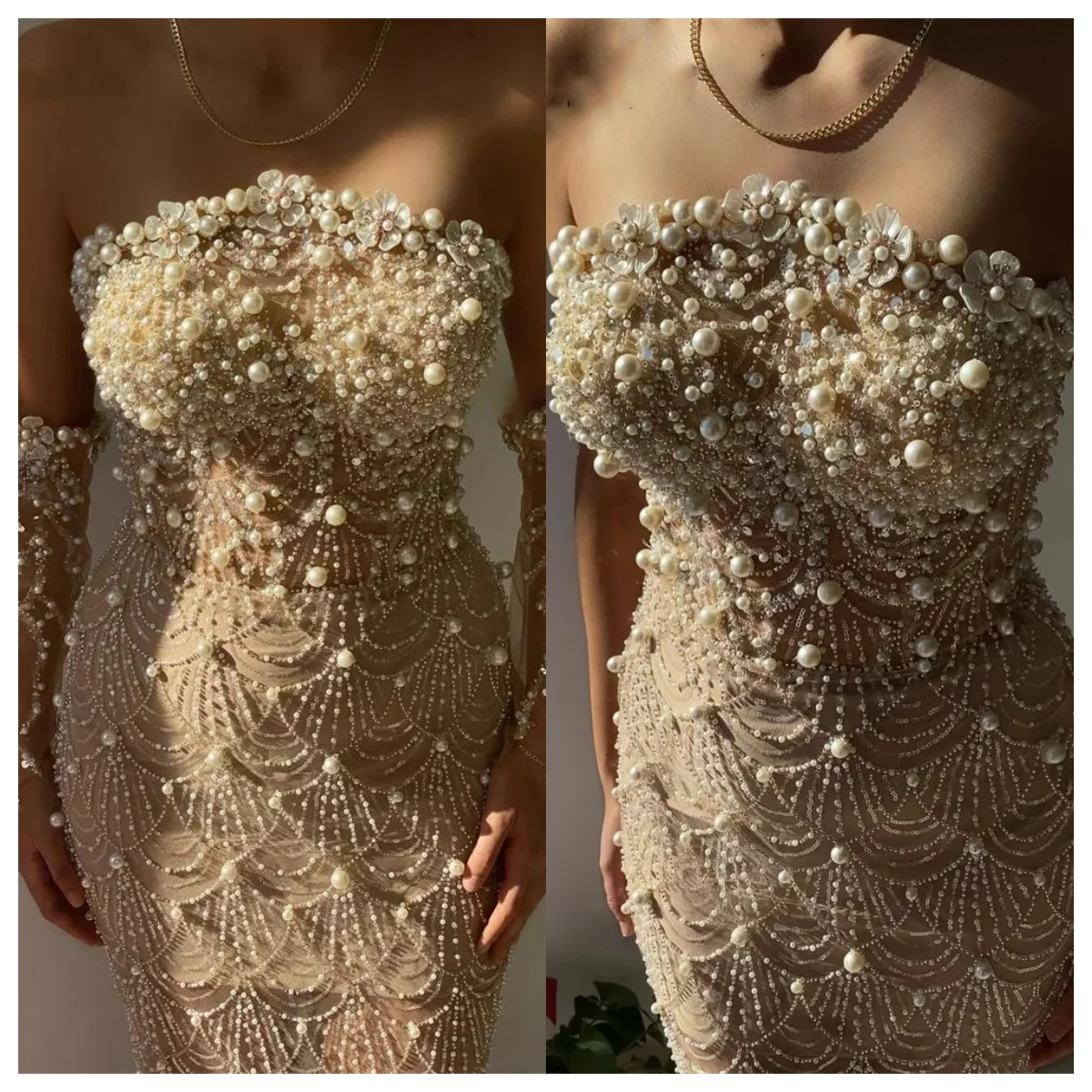 

Designer Evening Dresses For Women Strapless Removable Sleeves Gown Beaded Sequins Flower Sweep Train Customized Dress Party