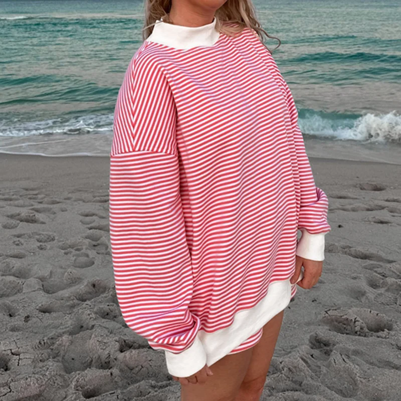 女性用ストライプスウェットシャツセット 2ピースショーツ衣装 Y2k 長袖ハイネックプルオーバーとショーツ ラウンジ秋用トラックスーツ