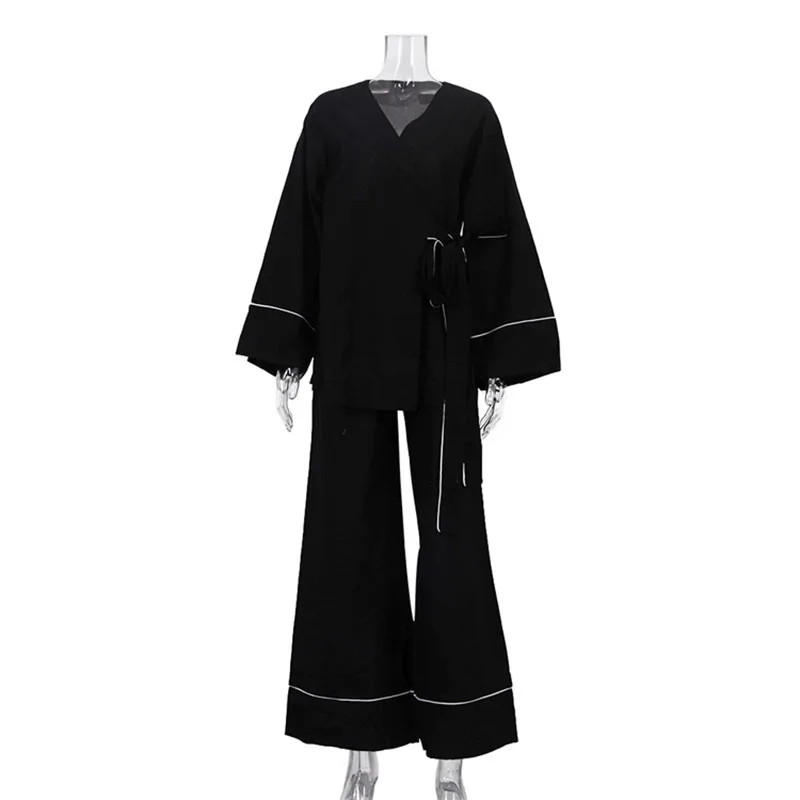 

Iridesse Women Fashion, New Style, Contrasting Color, Lace-up, Long-sleeved, Cardigan Top, Loose Trousers, 2pcs Casual Suit