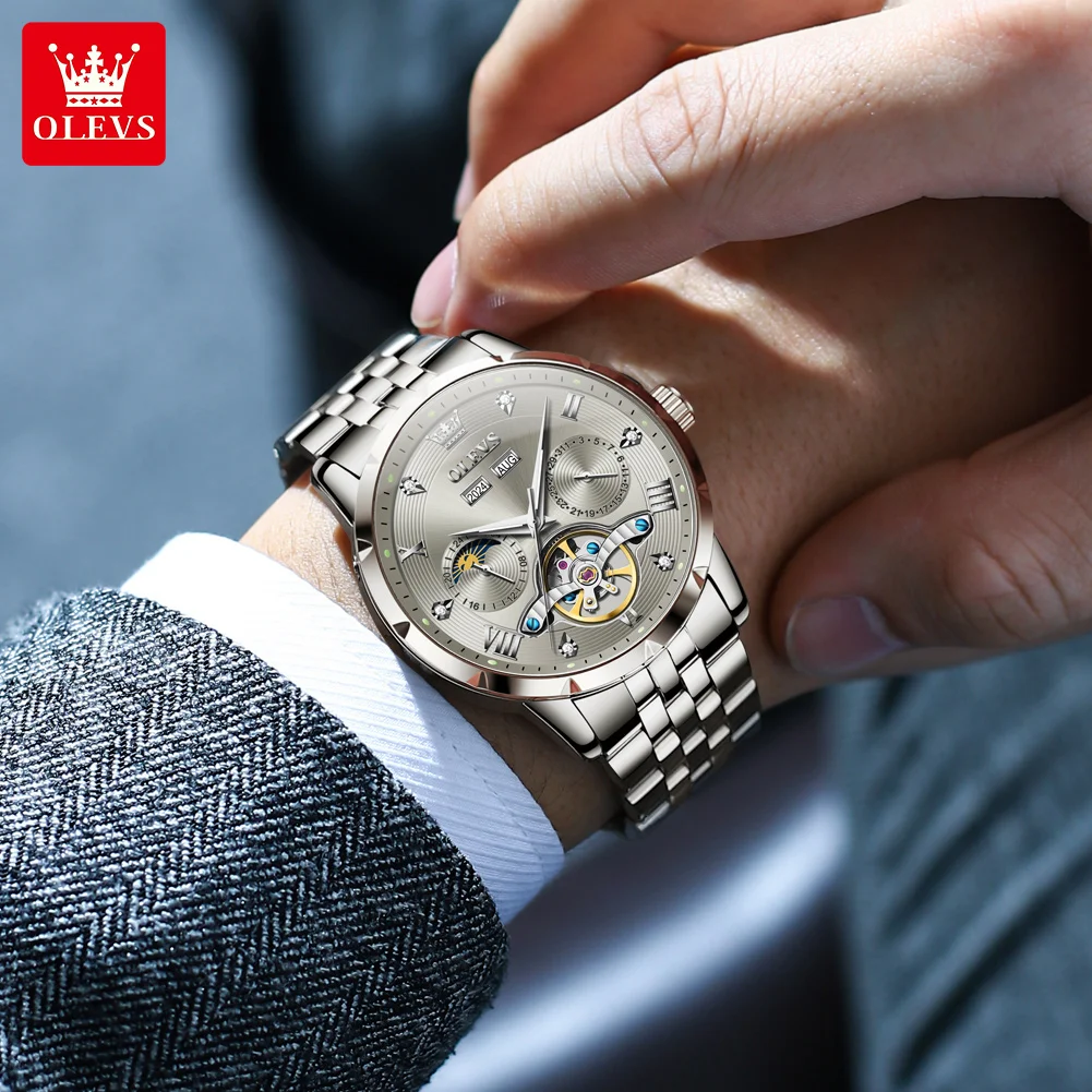 男性用機械式フライホイールウォッチ,高級時計,日付,自動,ムーンフェイズ,発光,防水,オリジナルブランド,OLEVS-6691