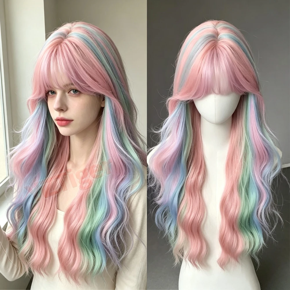 Long Wavy Curly Synthetic Wig With Bangs Natural Heat-resistant Halloween Cosplay Wig for Women Lolita Christmas Party Daily Use
