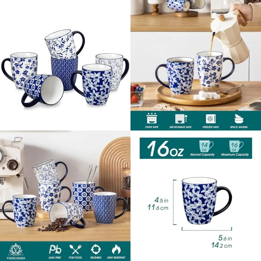 

SELENE Large Coffee Mugs Set of 6, Porcelain Coffee Cups with Handle, Ceramic Tea Cup for Cappuccino, Latte, Tea, Cocoa, Dishwa