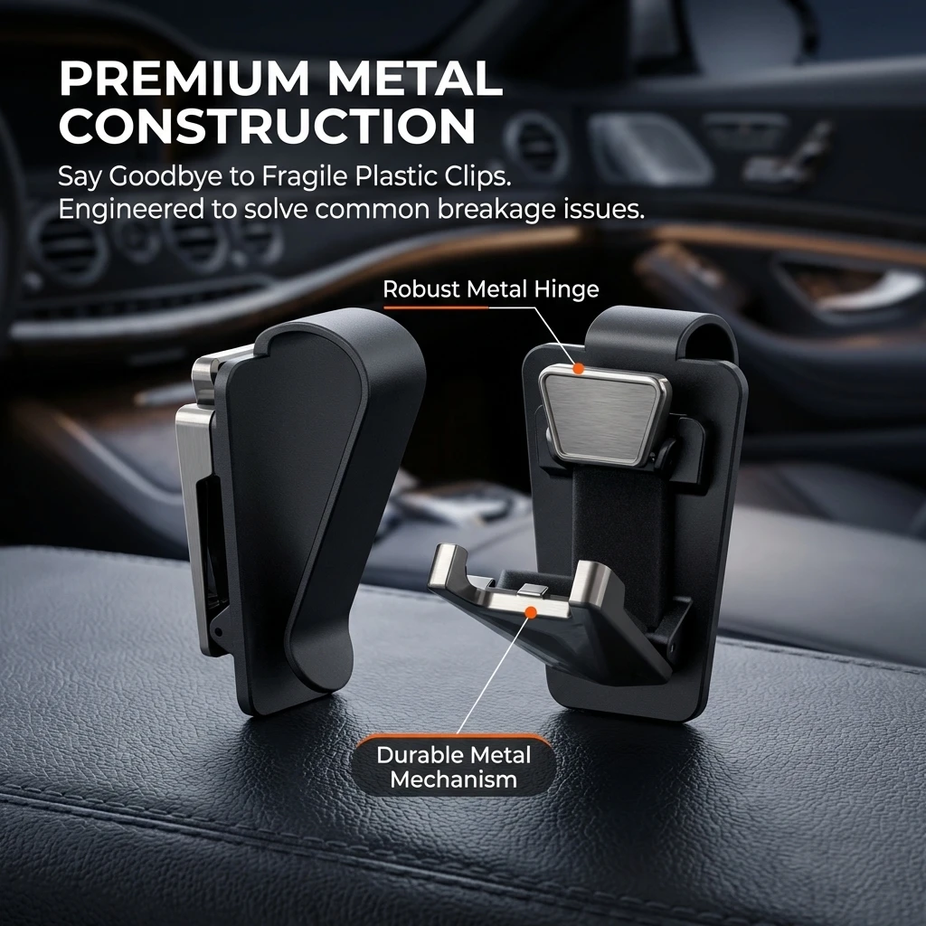 Car Sun Visor Sunglasses Holder Premium Metal Auto Glasses Clip One-Hand Operation Interior Eyeglasses Storage Mount Accessories