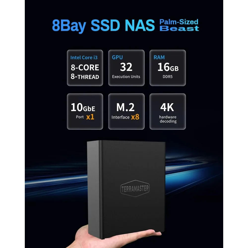 F8 SSD Plus NAS - 8Bay All SSD NAS Storage Core i3 8-Core 8-Thread CPU, 16GB DDR5 RAM, 10GbE Port