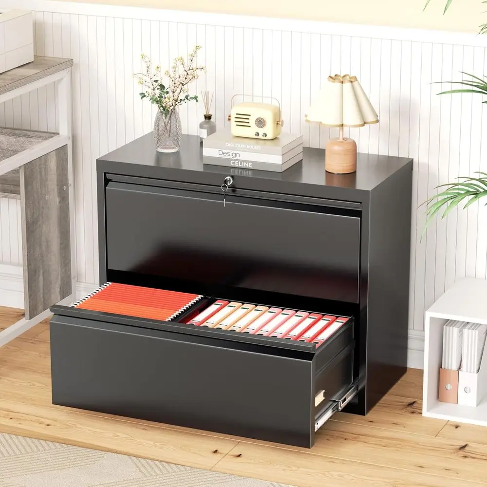 Black Lockable Metal Filing Cabinet for Home Office with 2 Drawers and A4/Legal/Letter Size Hanging Folders