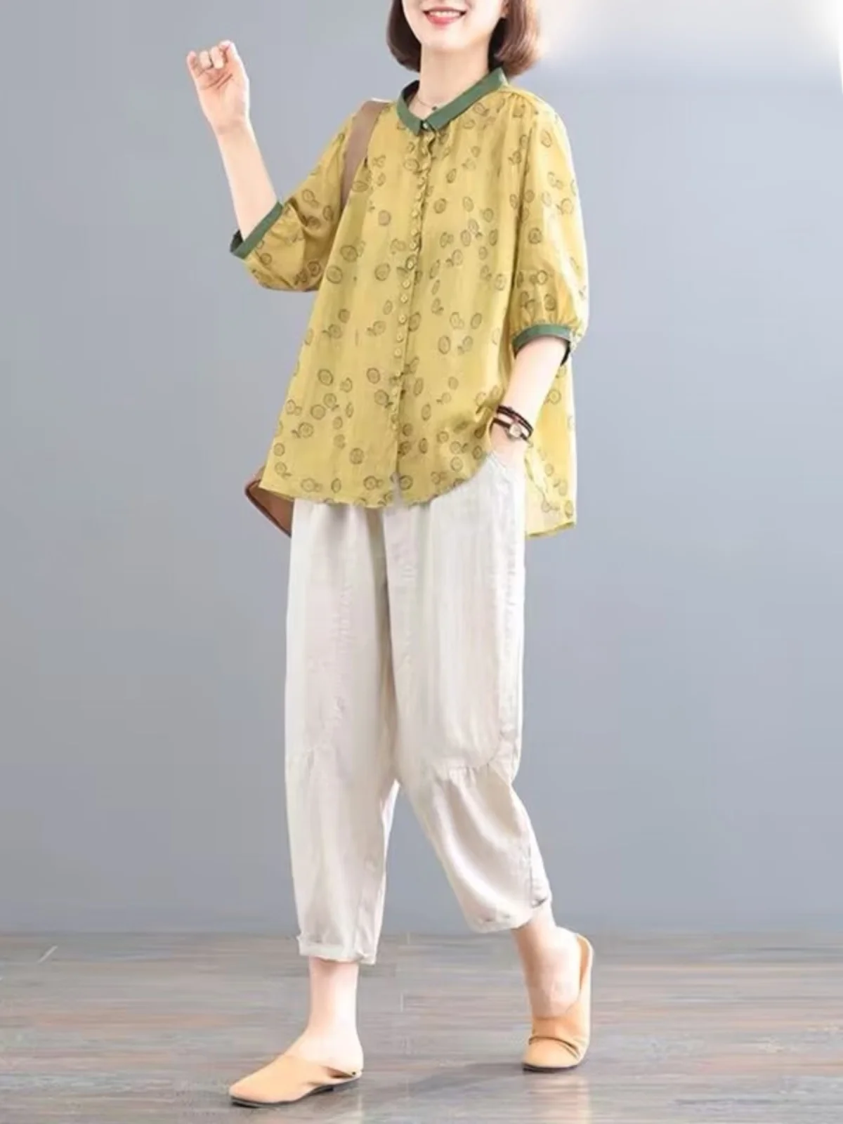 

Комплект из хлопка и льна с цветочным принтом: женский свободный костюм с брюками-харлан, летний модный повседневный комплект из двух предметов с длинным рукавом