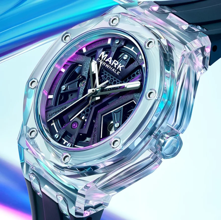 Mark Fairwhale Men Automatic Watch Fashion 42mm Mechanical Wristwatch Acrylic Case Waterproof Luminous Skeleton Dial