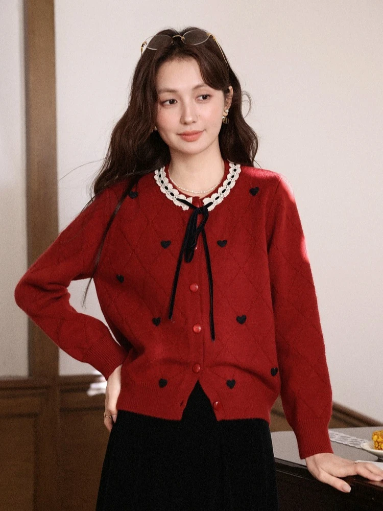 ALXNAN Red Knit Cardigan Women 2025 Fall Winter Long Sleeve Heart Sweater Chic French Style Ladies Warm Knit Tops DYL663086