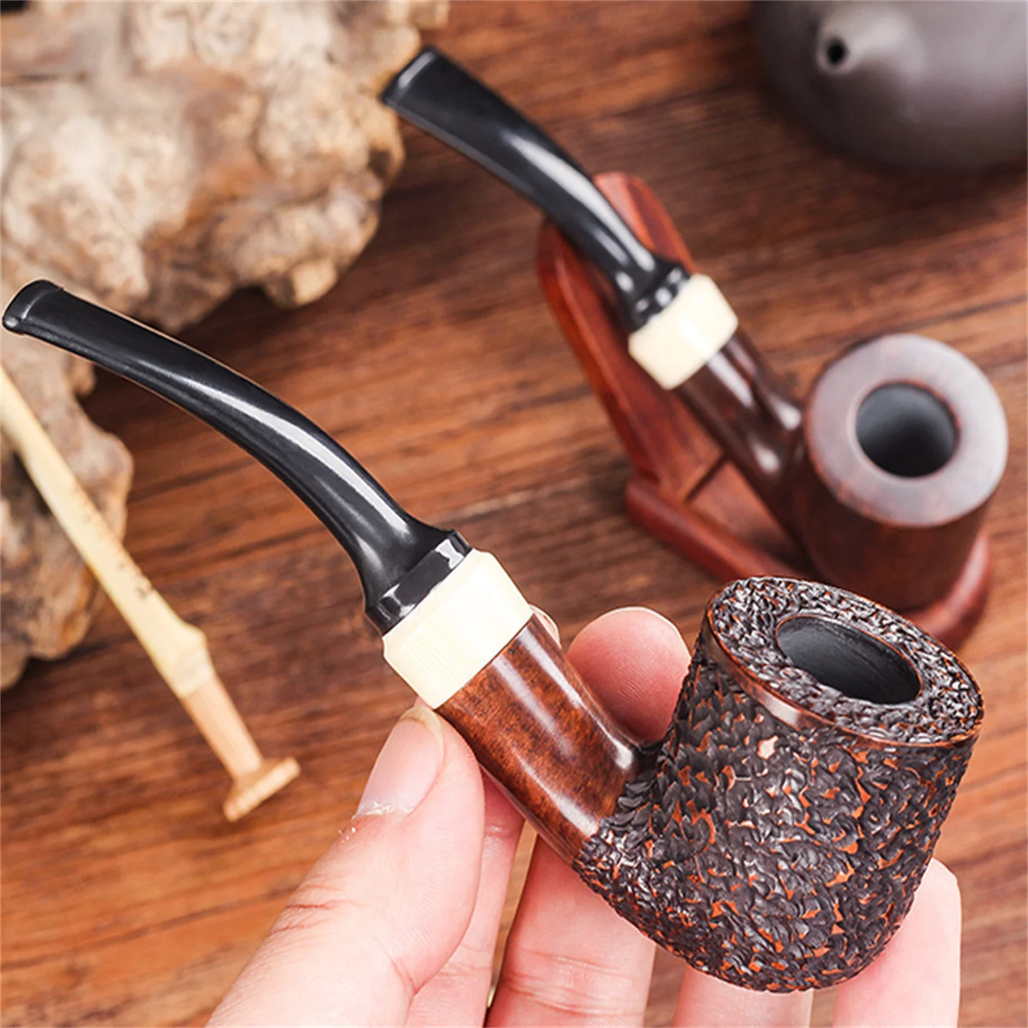 

Wine Barrel Briar Wood 9mm Filter Cut Tobacco Pipe Retro Gentleman Bent Type Handmade Smoking Pipe With Accessory Father's Gift