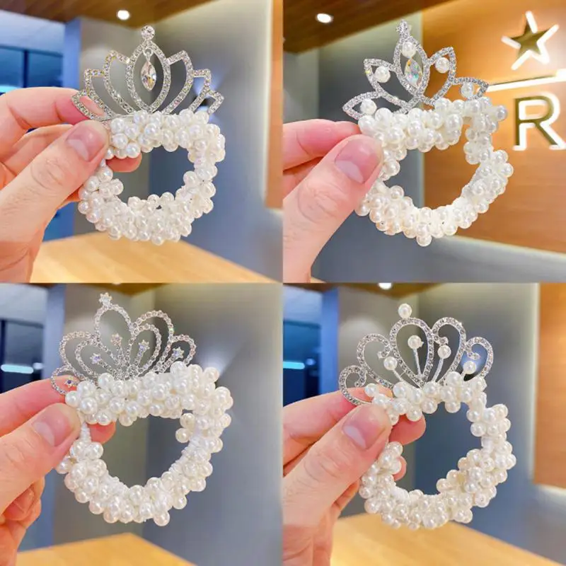 Ponytail Holder Elastic Hair Ties Crown White Hair Jewelry Hair Bands For Baby Princess Pearl Beads Fashion Cute Cartoon