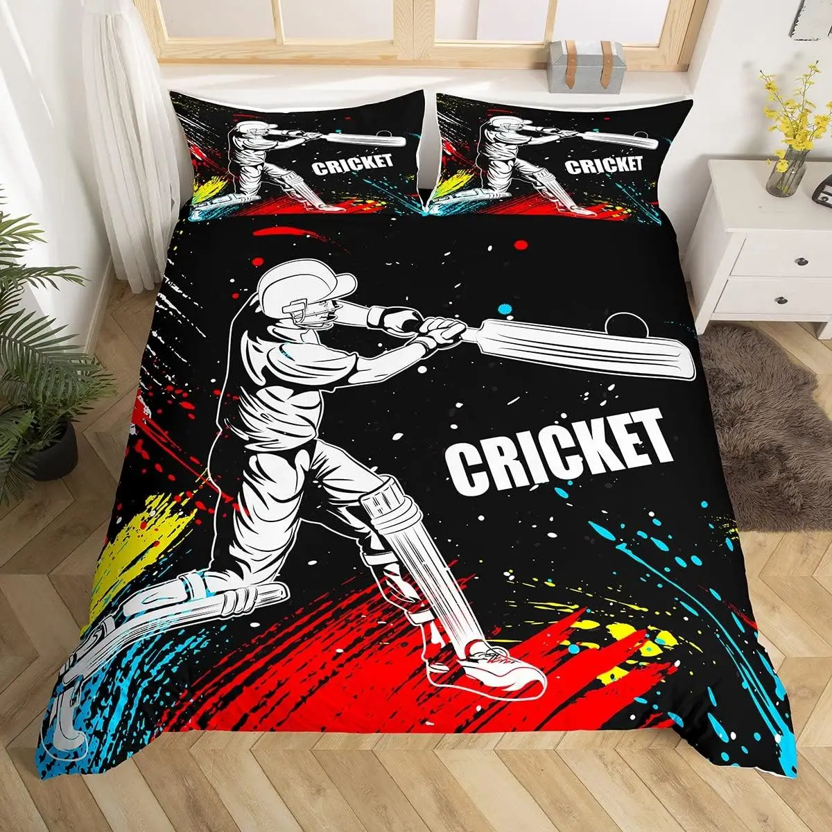 Cricket Player Bedding Set  Girls Boys Children Sports Theme Comforter Cover Decorative Cricket Ball Game Duvet Cover