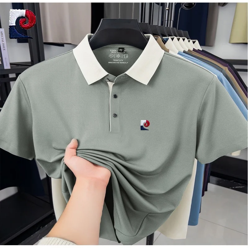 New Summer High Quality Ice Silk Waffle Polo Shirt Men's Korean Edition Fashion Casual Silk Breathable T-shirt Top