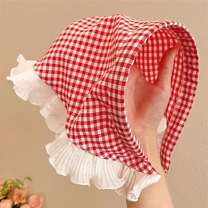 Kariertes Kopftuch-Haarband mit Vintage-Spitzenbesatz und gerüschten Kanten, dreieckiger Schal, Haar-Accessoire, pastoraler, eleganter Stil