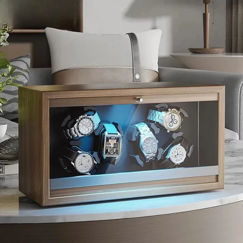 Watch Winders Box 6 Slot Black Walnut Grain Wooden Fully Automatic Watch Upwind Cover Open Stop with LED Light Customizable Logo