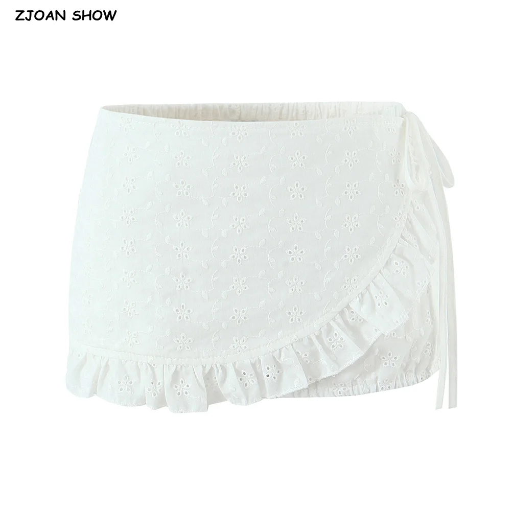 Holiday White Embroidery Hollow out Hole Bow Lacing Up Elastic Waist Mini Shorts Women Wood ears Front Elastic Cuff Short Pants