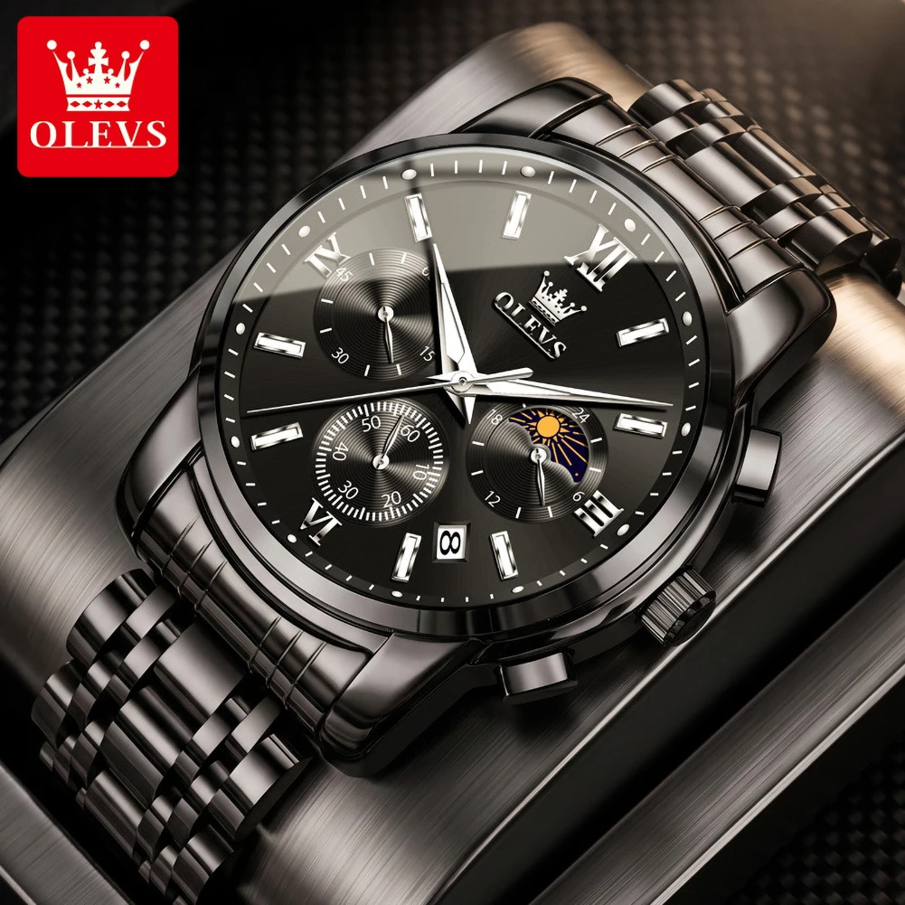 OLEVS Mens Watch Multifunctional Quartz Wristwatch Waterproof Luminous Stainless Steel Business Luxury Mens Clock Gifts Box 2718