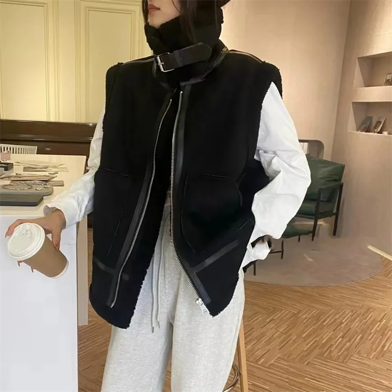 Autumn Winter New High-End Velvet Vest Coat Women Fashion Leopard- Fur One Mid-Length Coat Loose Warm Vest Jacket Female 956