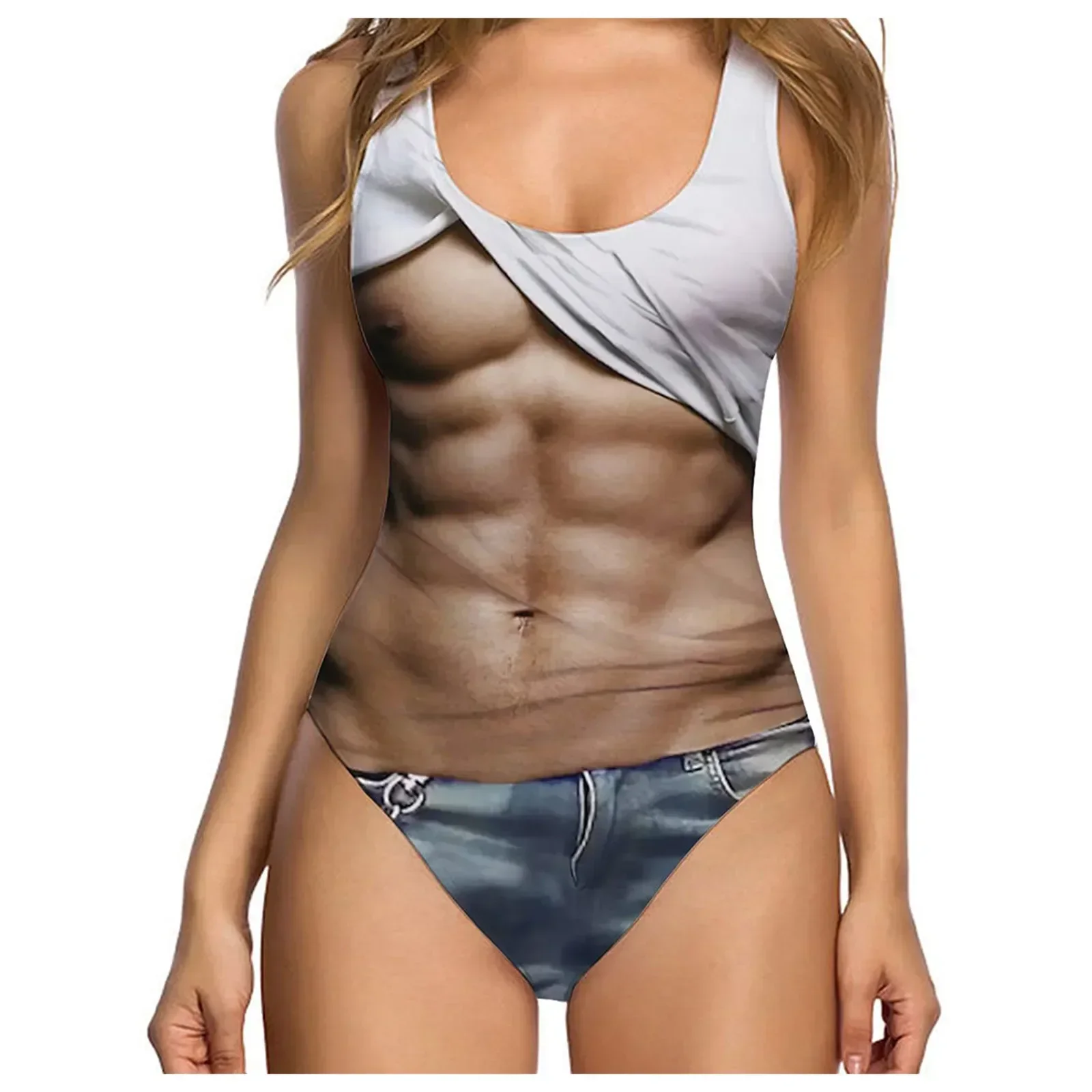 One-Piece Suits 2025 Trendy Women's Sexy Funny 3D Fake Breast Hairy Funny Print Swimsuit Bathing Suit Beach Outfits Bikini Mujer