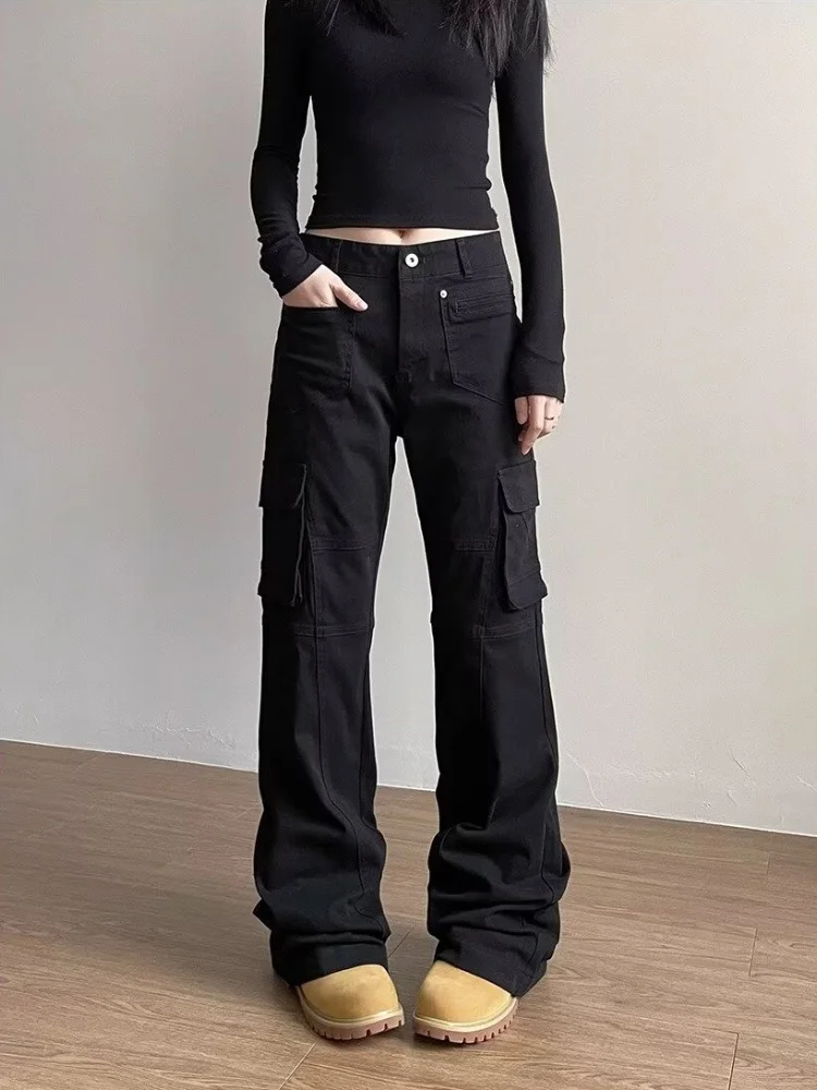 2025, Cyber Y2K Mode Schwarz Slim Flare Cargo Jeans Hosen Für Frauen Kleidung Multi Taschen Kleid Dame Lange Hosen Ropa Mujer