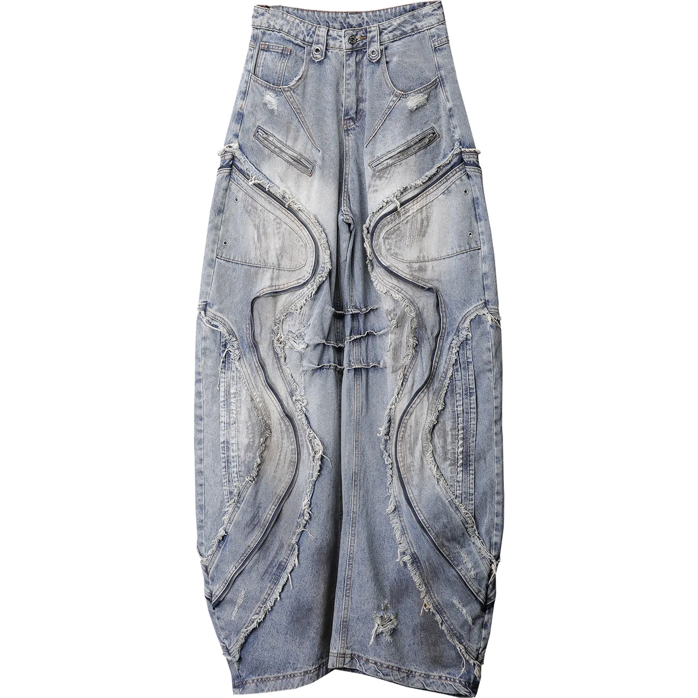 Designer Wasteland Wind Heavy Industry Deconstructing Zipper Design Washed and Worn Tassels Loose-Fitting Machete Jeans Long Mop