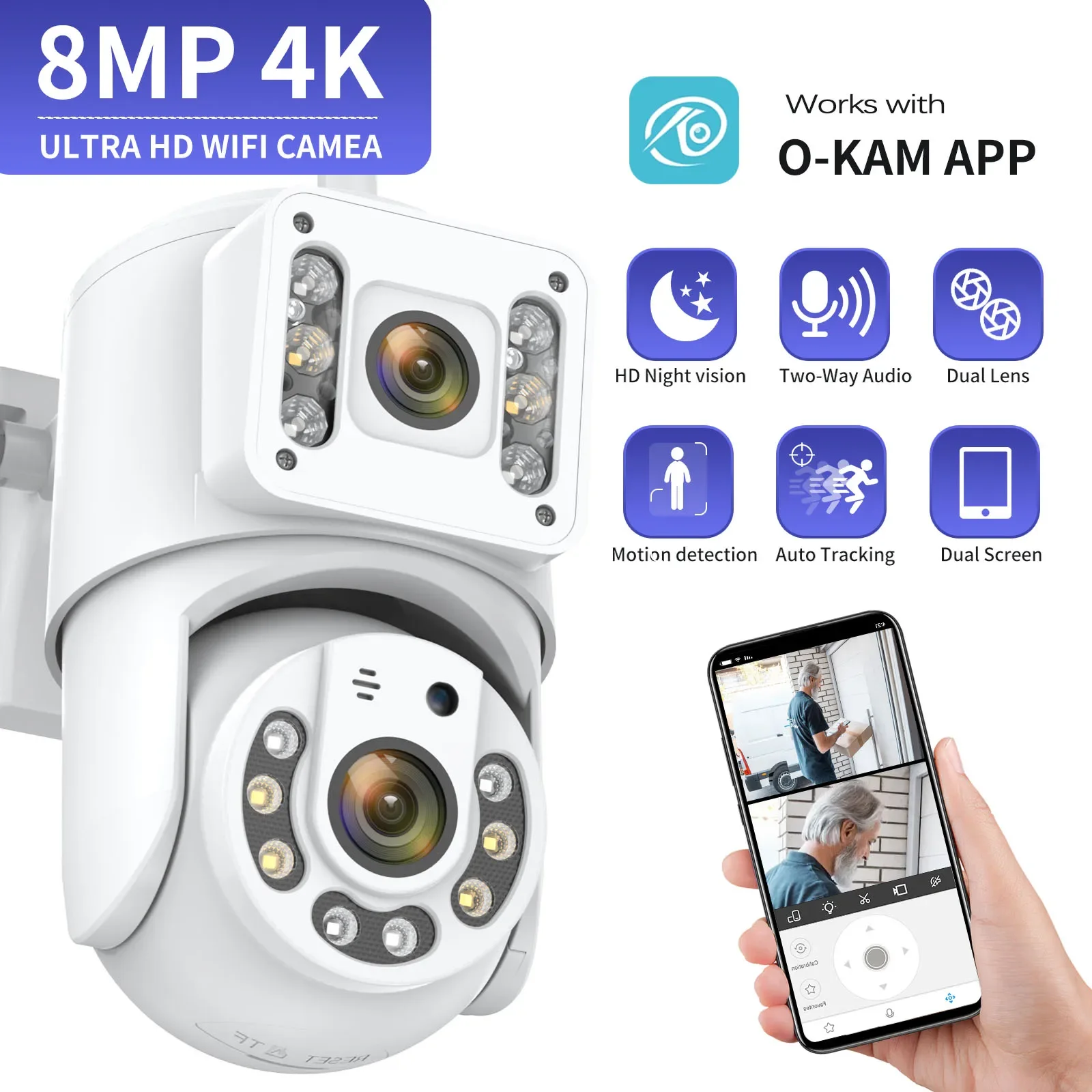 

8MP WiFi 4K Dual Lens Surveillance Cameras PTZ Security Camera Outdoor Waterproof Smart Dual Screen Multiple Views Human Detect