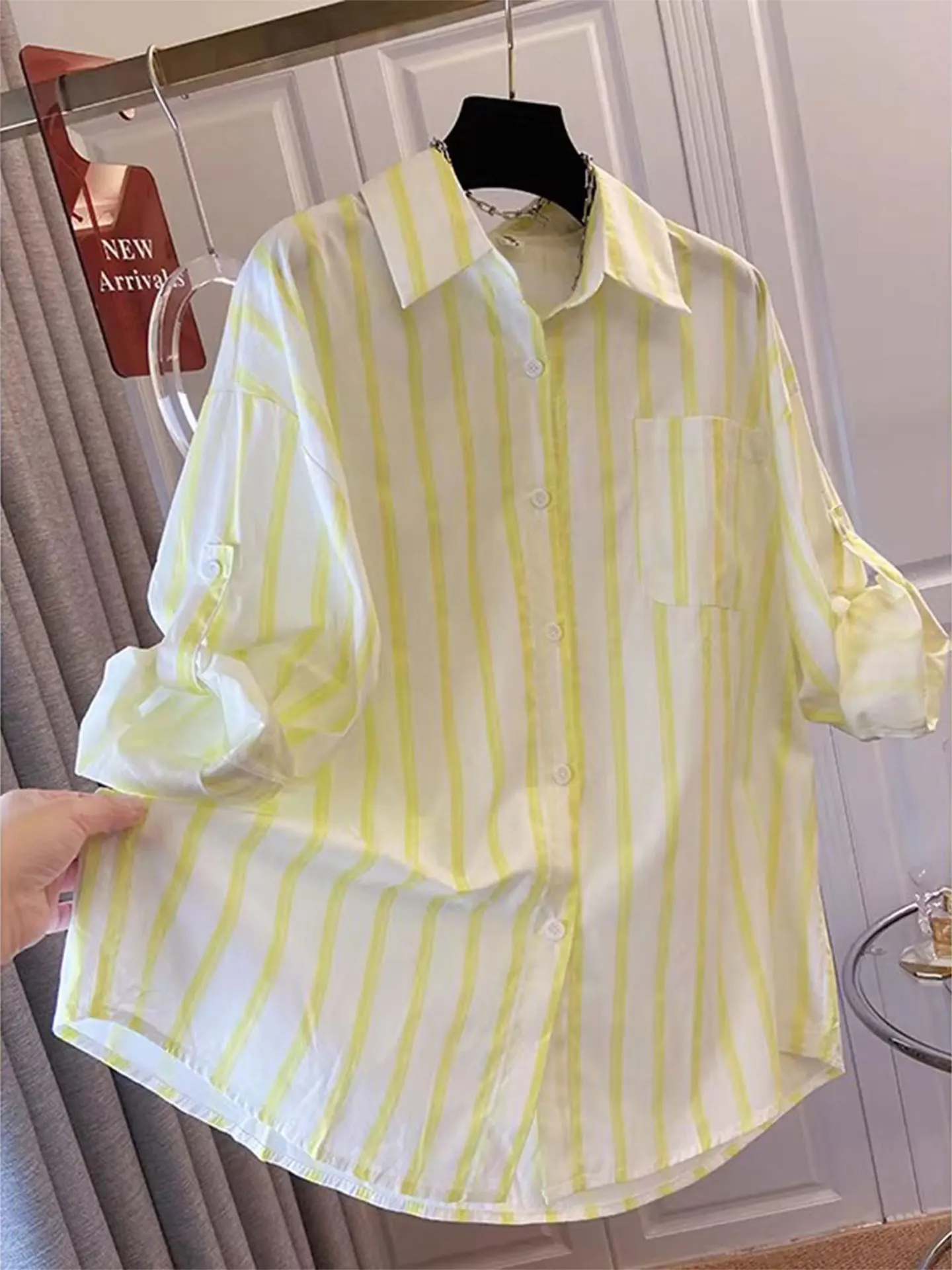 

Slimming Stripe Long Sve Loose Fit irt Women's Casual Sle Spring 2026 Thin Thin Top Large Size plus Size Faion